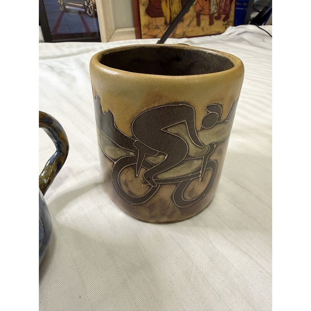 Mara Mexico Studio Pottery Cyclist Mug Hand Built Blue Glazed Organic Cup Set - Picture 4 of 16